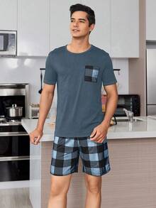 Plaid Print Men's 2-Piece Pajama Set - Dusty Blue - View 3