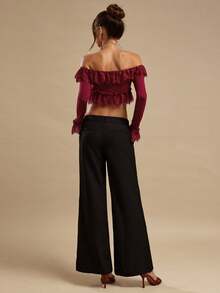 SHEIN BAE Burgundy Off Shoulder Long Sleeve Ruffle Sexy Tube Top For Women, Romantic Ruffle Hem Ladies Blouse, Casual Wear - Red - View 2