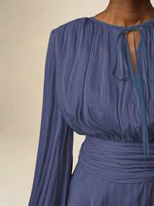 Vesra 杏色系带长袖荷叶边下摆设计女式短款连衣裙 - 藏蓝色 - 查看 7