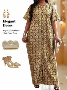 Fleurora 大码女式V领印花开衩休闲宽松度假连衣裙 - 彩色 - 查看 4