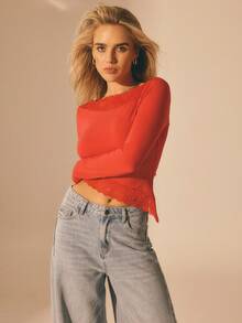 Aralina Women's Casual Luxury Elegant Boat Neck Long Sleeve Top With Lace Trim And Asymmetrical Hemline Perfect For Christmas Party Outfits And New Years Eve Party Outfits - Red - View 10