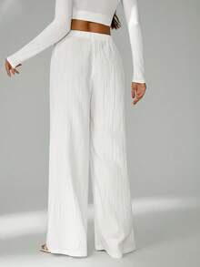 SHEIN Tall 宽松抽绳腰带长裤，采用纹理褶皱面料 - 白色 - 查看 3
