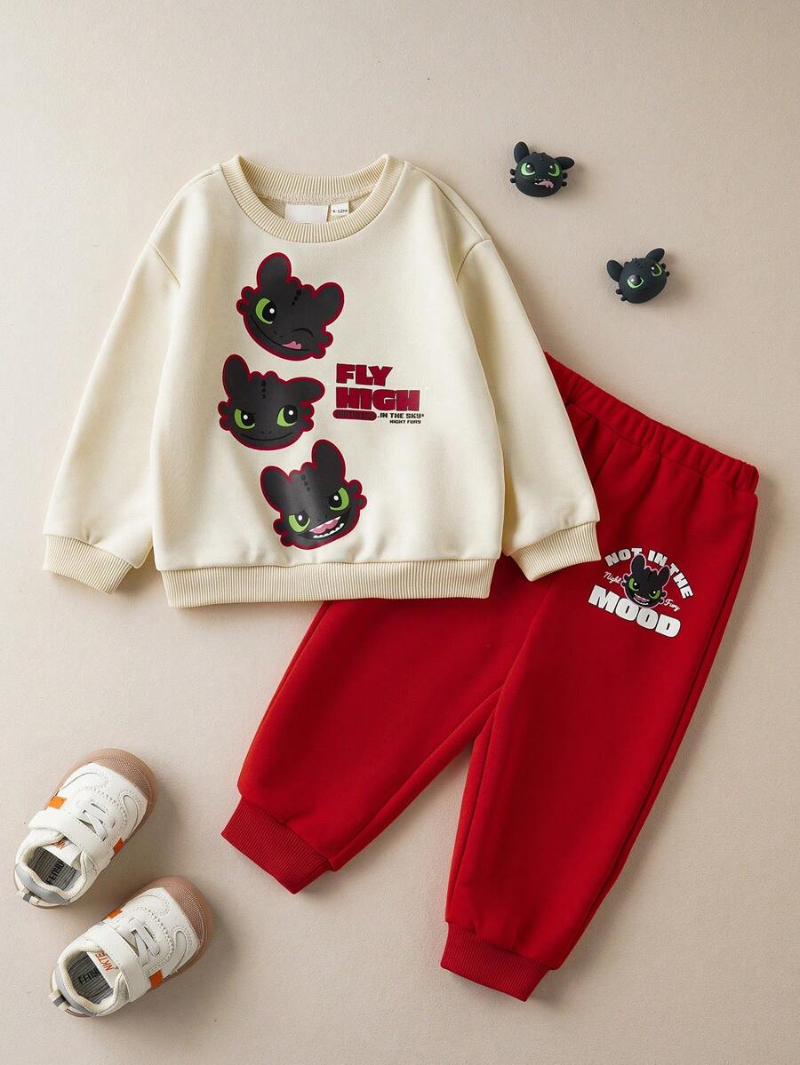 SHEIN How to Train Your Dragon 男婴休闲日常通勤可爱卡通字母印花落肩宽松圆领卫衣和运动裤套装,春秋季 - 彩色 - 查看 1
