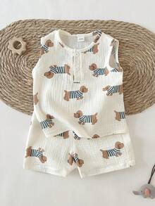 SHEIN 男婴腊肠犬印花背心和短裤休闲套装 - 彩色 - 查看 5