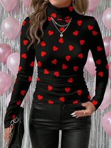 SHEIN Clasi Women's Casual Minimalist Red & Black Contrast Heart Print Turtleneck Base Layer T-Shirt, Suitable For Valentine's Day, Autumn/Winter, Early Spring Carnival Women Long Sleeve Tops Fitted Tops Women - Multicolor - View 8