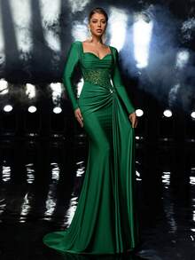Glamrae 优雅奢华的串珠亮片拼接弹力针织美人鱼长裙，长袖设计，适合婚礼、派对、度假、盛大晚宴和正式场合。 - 墨綠色 - 查看 6