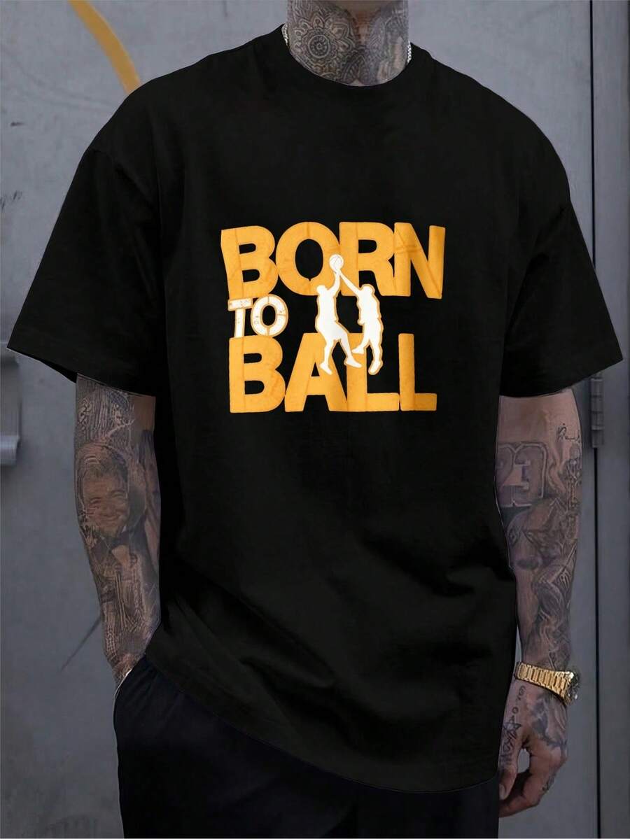 Versatile Baggy Short Sleeve T-Shirt With Fun Basketball Print, Ideal For Vacation, Work And Use - Black 4 - View 1