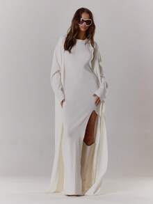 MUSERA Knit Racer Neck Maxi Dress With Matching Longline Cardigan Winter Autumn Cosy Cute Casual Night Out Date Night New Year Party Spring Elegant - White - View 3