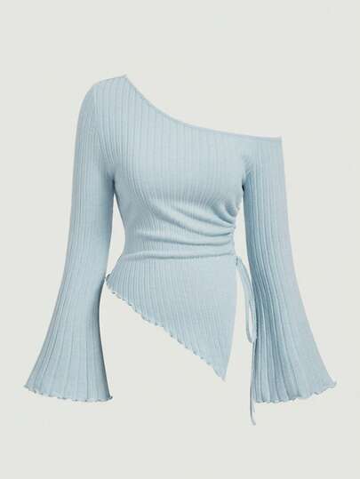 SHEIN MOD 加大码女式黑色抽绳不对称下摆喇叭袖T恤，露肩T恤，秋季女装，舒适T恤