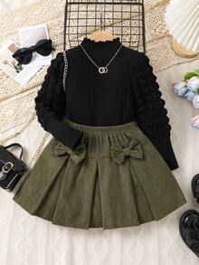 Elladie kids 两件套女童休闲套装：黑色泡泡袖长袖上衣 + 卡其色灯芯绒蝴蝶结半裙，可爱复古风，舒适贴身，适合日常、旅行、上学、聚会等场合。 - 彩色 - 查看 4