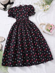 SHEIN Vestido floral digital de niña preadolescente, base blanca, decoración de flores en el cuello, mangas abultadas, elegante para vacaciones de verano - Negro - Ver 3