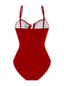 Swim Oasis 2pcs/Set Women Red Hollow Out Bandeau Strap Swimsuit & Beach Cover Up Skirt Set, 2025 New Leisure Summer Holiday Outfit - Red - View 4