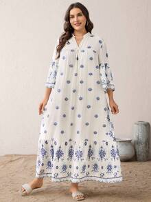 SHEIN Essnce Đầm dài màu be mơ thêu họa tiết, cổ chữ V, tay lửng, màu xanh dương, dành cho nữ cỡ lớn, thời trang xuân/hè, thanh lịch, rộng rãi, thoải mái, cơ bản, tôn dáng, thích hợp mặc hàng ngày. Trang phục mùa xuân, trang phục đi nghỉ mát cho nữ, quần áo cho mẹ và con gái. - trắng - Xem 3