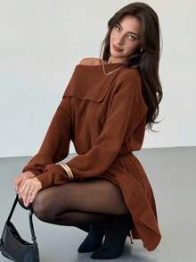 Aloruh 秋季女款優雅酒紅鐵鏽棕色羊毛針織洋裝，日常百褶A字修身單肩斜領長袖毛衣冬裝 - 鏽棕色 - 查看 4