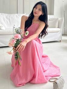 DAZY 女士吊带露背修身A字中长连衣裙 - 淺粉色 - 查看 5