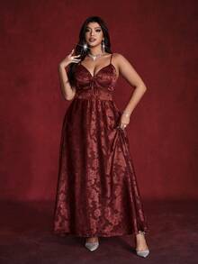 Viva Relle Vestido de tirantes con estampado floral diminuto para tallas grandes, vestido largo elegante y ajustado para una dama grácil - Color caoba - Ver 4