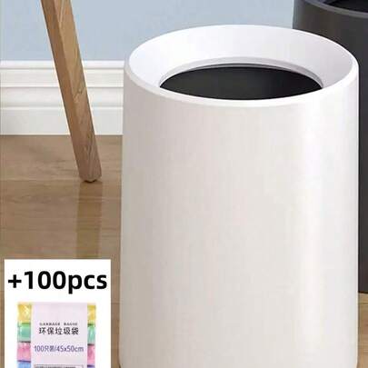 双层超大圆形14升垃圾桶，附赠100个垃圾袋，北欧简约设计，适用于客厅、卧室、厨房、浴室、办公室，大容量高档美观纸巾桶（另有配套桌面垃圾桶可选，适用于梳妆台、办公桌、餐桌、咖啡桌等，用于垃圾存放）