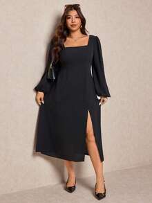 Elaquor Vestido elegante de talla grande con parches de encaje y abertura alta en unicolor para uso diario - Negro - Ver 7
