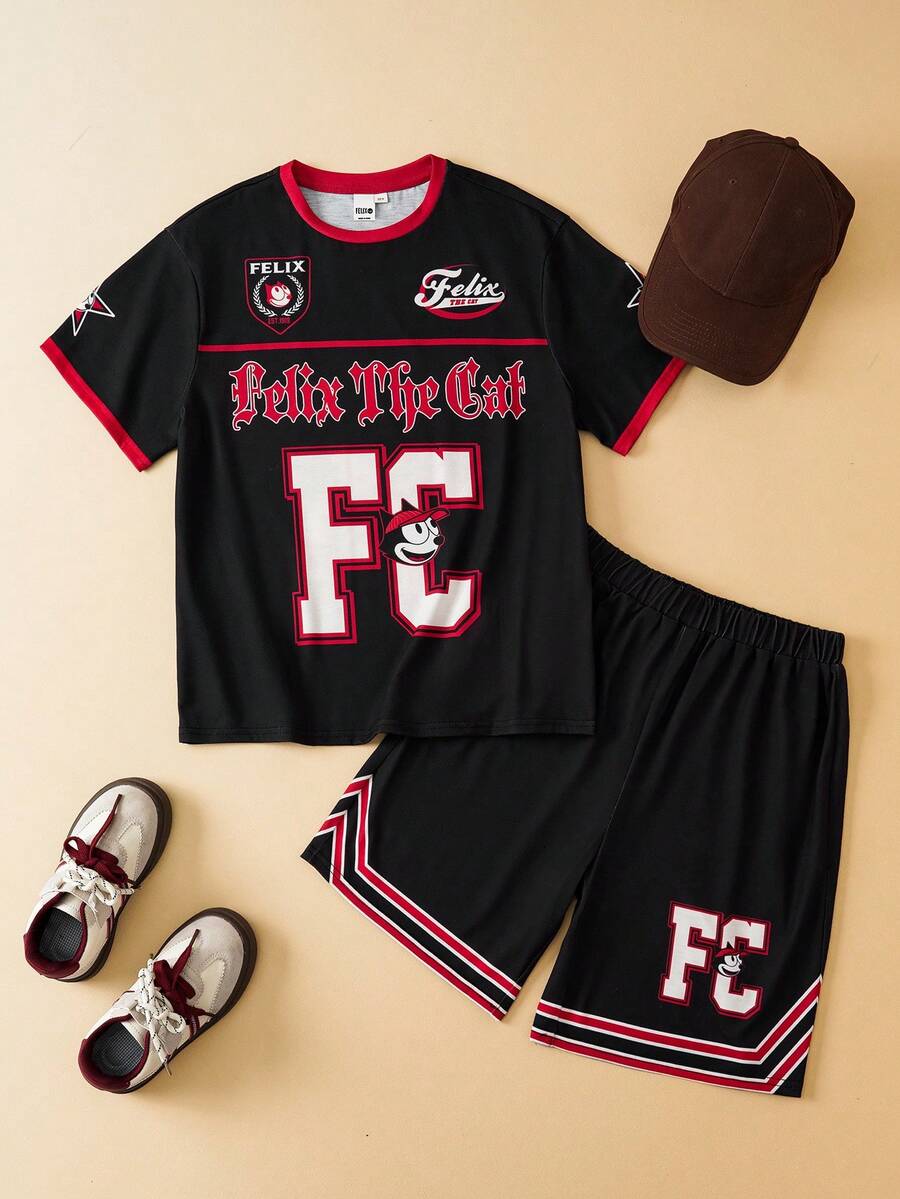 SHEIN Felix The Cat 2pcs/Set Tween Boy Sports & Casual Comfortable Letter Graphic Round Neck Short Sleeve Top And Shorts - Multicolor - View 1