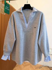 Franclia Áo nỉ dài tay họa tiết sọc in nơ cỡ lớn dành cho nữ - Xám - Xem 5