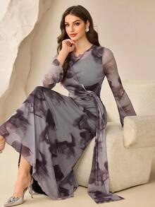 Modelyn 女士扎染印花网纱长袖连衣裙，腰部系带，褶裥下摆，优雅大气，适合秋冬季穿着 - 彩色 - 查看 5