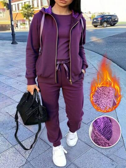 Elegante conjunto de dos piezas para mujeres - suéter con cremallera abierta con pantalones deportivos de ocio del mismo modelo, bolsillo, forrado en terciopelo, liso y suave, adecuado para el ocio diario, calle, Universidad