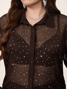 Chikora Plus Size Rhinestone Decor Sheer Long Sleeve Shirt Plus Size Shirts And Blouses - Brown - View 3