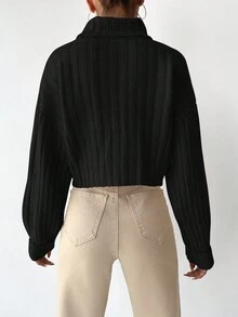 EURMUSE Turtleneck Drop Shoulder Ribbed Knit Sweater - Black - View 2