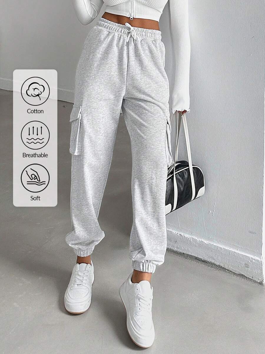 EURMUSE Women'S Solid Color Drawstring-Waist Cargo Sweatpants - Light Grey - View 1
