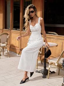 Pariaura Đầm chấm bi đen ôm dáng, thiết kế Pháp thanh lịch dành cho nữ, thắt eo, hở lưng, đính nơ, thích hợp cho mùa đông. - Đen và trắng - Xem 3