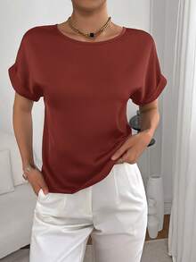 SHEIN Essnce 女士休闲纯色圆领短袖衬衫，夏季百搭 - 紅木色 - 查看 3