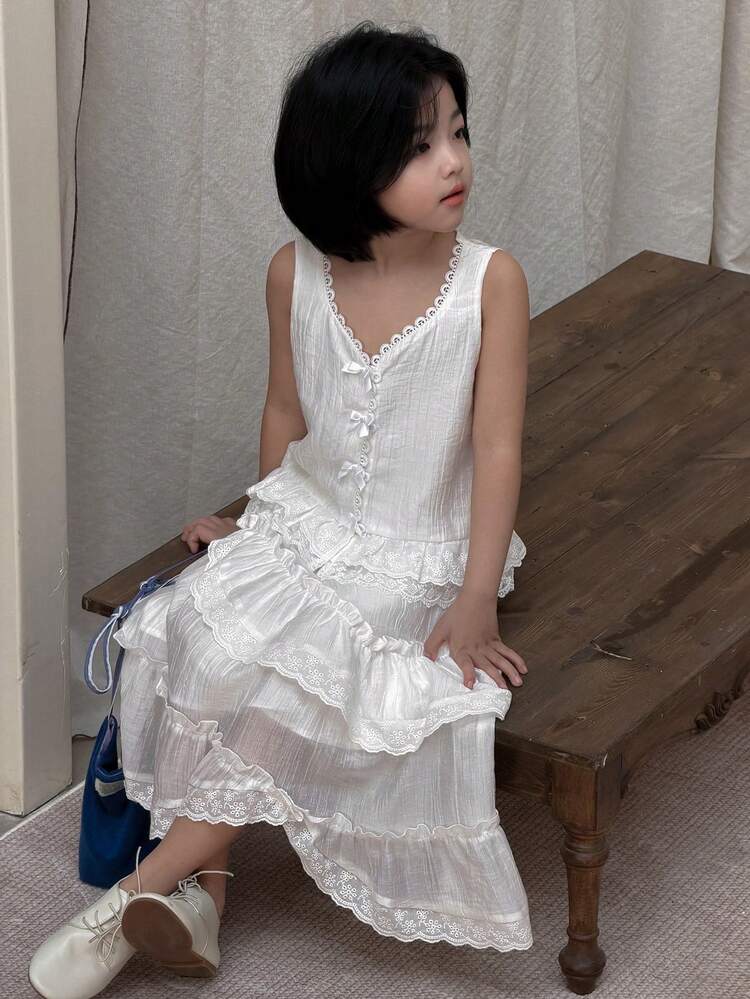 Young Girls' Elegant Lace Trim Bow Decor Camisole And Skirt Set, Summer