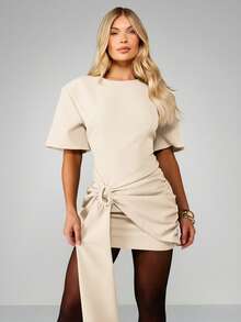 MISSGUIDED Mini Bodycon Dress With Side Tie Drape Detail Short Flutter Sleeves Round Neck Elegant Party Dress - Cream - View 3
