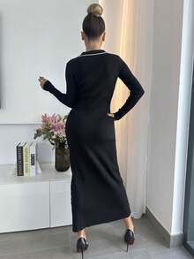 Manon Tanti 秋冬女式半扣开衫毛衣裙，撞色饰边 - 黑色 - 查看 2