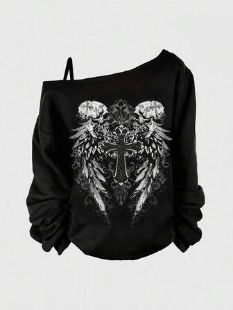 Grunge Punk Sudadera asimétrica de hombro sexy con estampado de alas de polilla, vid de rosa y estilo punk, adecuada para festivales de música, talla grande