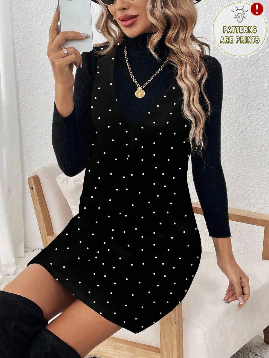 Easowa Elegant Black And White Polka Dot V-Neck Sleeveless A-Line Short Dress,Summer Dining Casual Vintage Commuting Versatile Print Pattern Dress For Women - Multicolor - View 1
