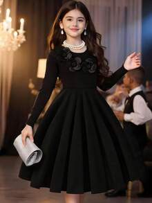 Elladie kids Christmas Fashionable Cute French Stylish 3D Floral Ribbed Long Sleeve Princess Dress Elegant Girl Dress Long Sleeve Black Dress Girl Black Dress Flower Embellishment Dress - Black - View 1