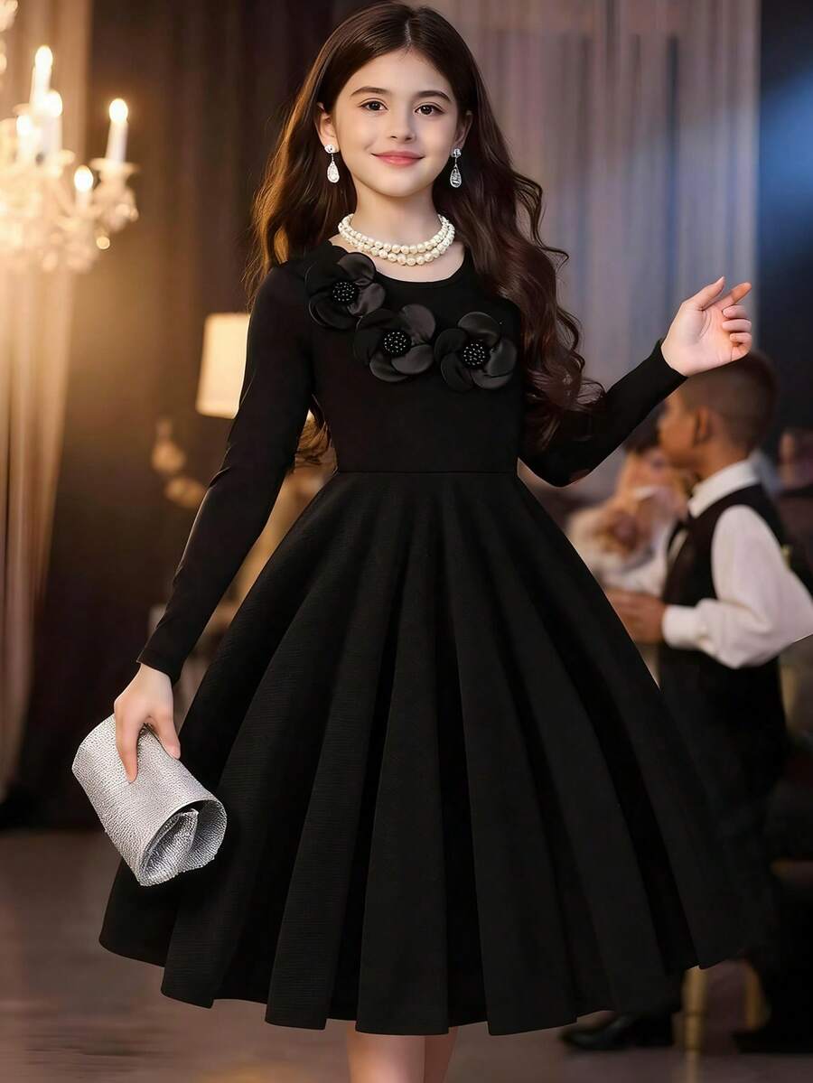 Elladie kids Christmas Fashionable Cute French Stylish 3D Floral Ribbed Long Sleeve Princess Dress Elegant Girl Dress Long Sleeve Black Dress Girl Black Dress Flower Embellishment Dress - Black - View 1