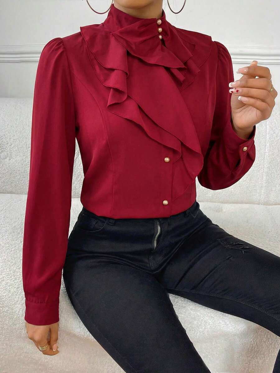 Firerie Blusa de mujer con cuello de jabot y mangas abullonadas, de unicolor, adecuada para el trabajo y el transporte, primavera/otoño - Rojo - Ver 1