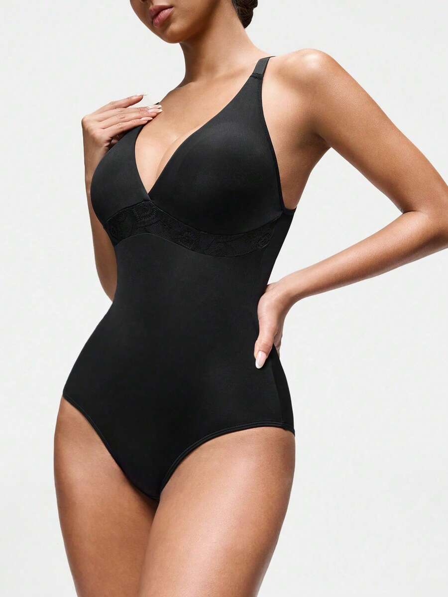 SHAPORA 1pc Women's Black Lace Patchwork Shapewear Bodysuit - Black - View 1