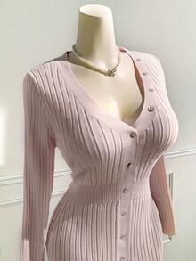 CovetEZ Robe pull ajustée avec décoration de boutons col V profond, automne/hiver, grande taille - Gris - Voir 7
