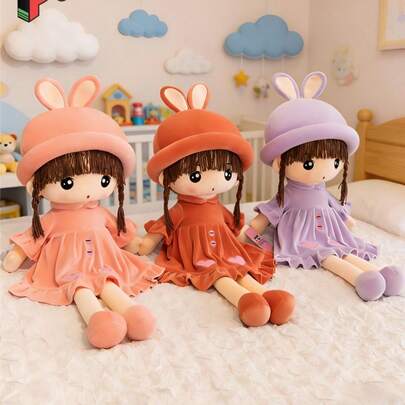 POKOJA LAND 1 件装女孩毛绒玩具，可爱兔耳朵帽子，连衣裙娃娃，红粉紫三色可选，卡通抱枕毛绒玩具，生日礼物，房间装饰，春夏皆宜
