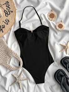 SHEIN Tween Girl Casual Vacation Black 1pc Detachable Strap Hollow Starfish Accent Ruched One-Piece Swimsuit, Summer Beach