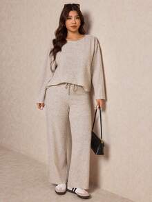 Elaquor Plus Size Women Solid Color Round Neck Long Sleeve T-Shirt And Pants Casual 2-Piece Set For Spring, Spring Outfits For Women - Khaki - View 4