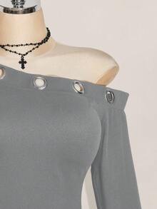 SHEIN ICON Áo len dệt kim tay dài đính lỗ kim loại chéo vai cỡ lớn, thời trang thu đông Y2K cổ điển - Màu Xám nhạt - Xem 7