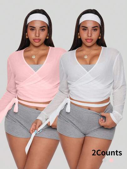 Velisys Cubre ligero y transparente con cuello en V y mangas largas con ajuste en el bajo, top deportivo casual para yoga de talla grande