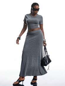 SHEIN EZwear Plus Size 2 Pieces Set, Soft & Comfortable Solid Short Sleeve Top And Skirt, Spring/Summer - Dark Grey - View 7