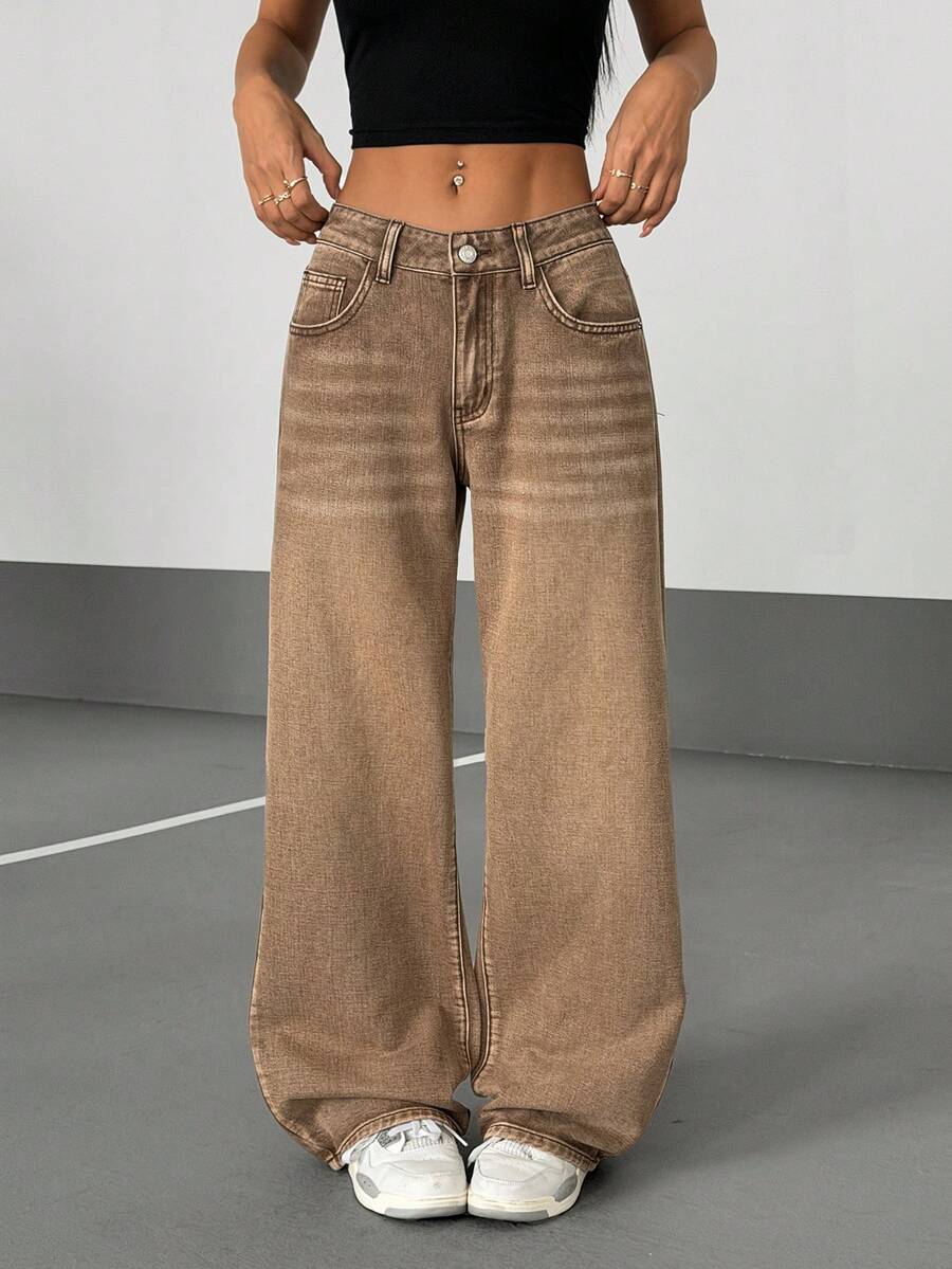 SHEIN PETITE Quần jeans nữ ống rộng cạp thấp, kiểu dáng thường ngày, đã qua xử lý giặt. - màu nâu - Xem 1