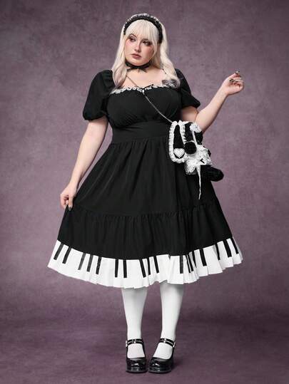 Kawaii Große Größen Frauen Y2K Vintage plissiertes Klavier Tastatur Patchwork Spitze Taille Raffung Kleid