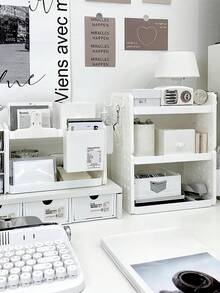 1个ins风双层镂空桌面收纳架，带挂钩、笔筒和储物架